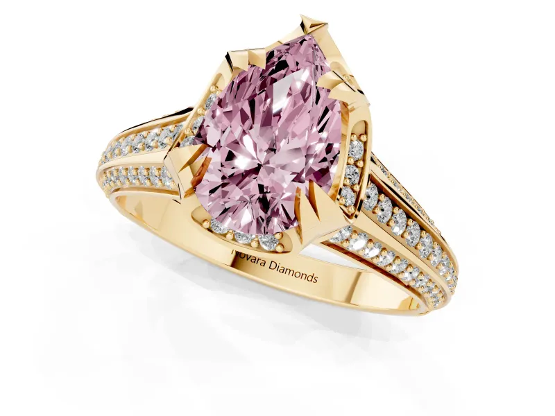 Fancy Pink Pear Cut Diamond Pavé Split Shank Solitaire Ring Set in Yellow gold with Prong Setting