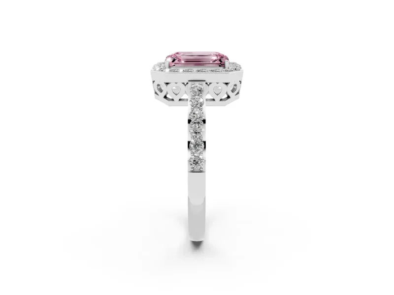 Fancy Pink Emerald Cut Diamond Halo Ring Set in Silver with Pavé-Setting Band and Open Prong Center