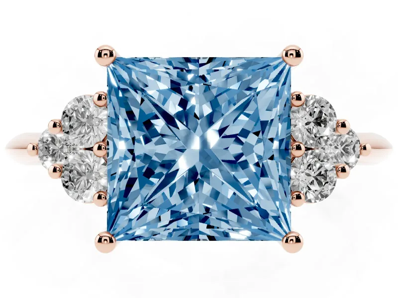 Princess Cut Cluster Accent Engagement Ring Setting for a Fancy Blue Lab-Grown Diamond | Rose Gold