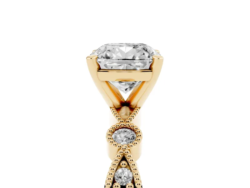 Cushion Cut Vintage Milgrain Solitaire Engagement Ring Setting | Bezel Accents | Yellow Gold