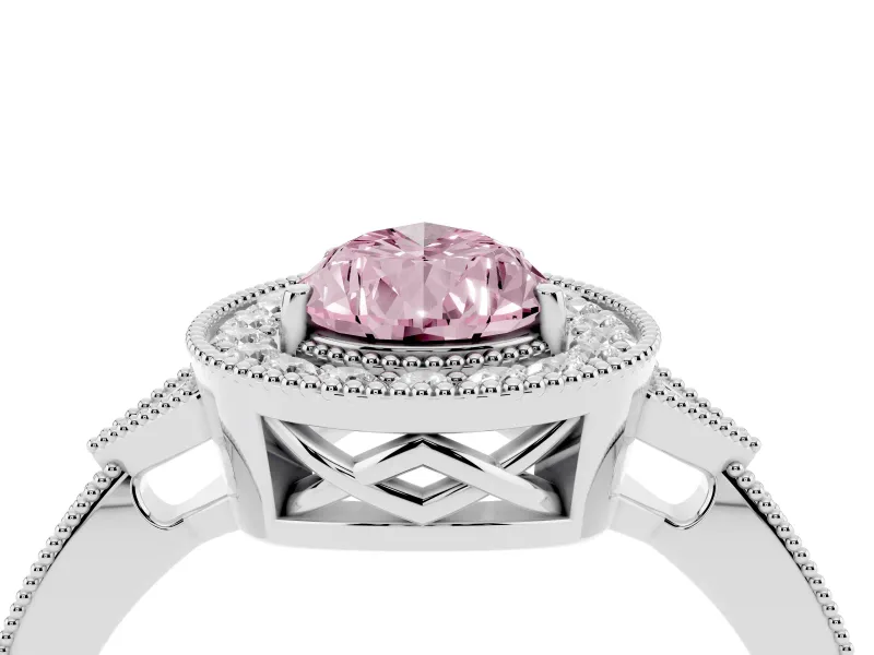 Fancy Pink Pear Cut Diamond Halo Engagement Ring Set in Silver with Milgrain Pavé Band