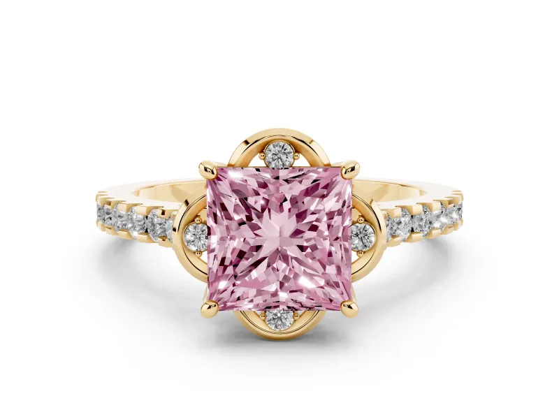 Fancy Pink Princess Cut Diamond Solitaire Ring Set in Yellow gold with Pavé Band and Floral Prong Setting