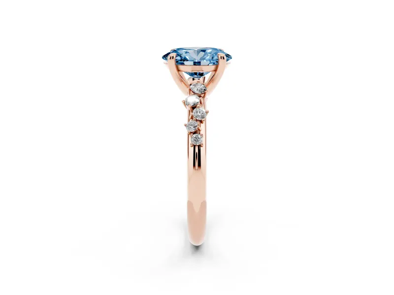 Fancy Blue Oval Cut Diamond Solitaire Vine Band Ring Set in Rose gold with Round Accents and Prong Setting