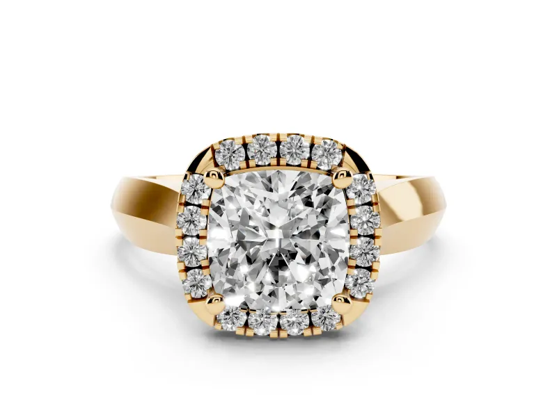 Cushion Cut Diamond Halo Solitaire Engagement Ring Set in Yellow gold with Square Band and Prong Setting