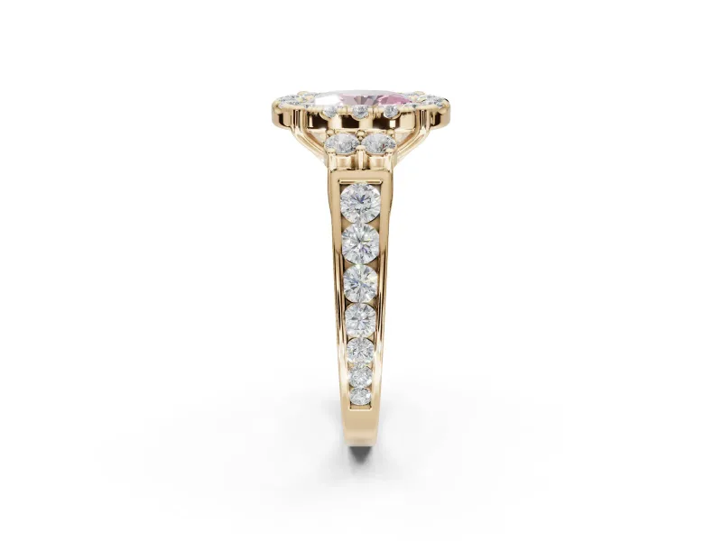 Oval Halo Engagement Ring Setting for a Fancy Pink Lab-Grown Diamond | Side Clusters | Yellow Gold