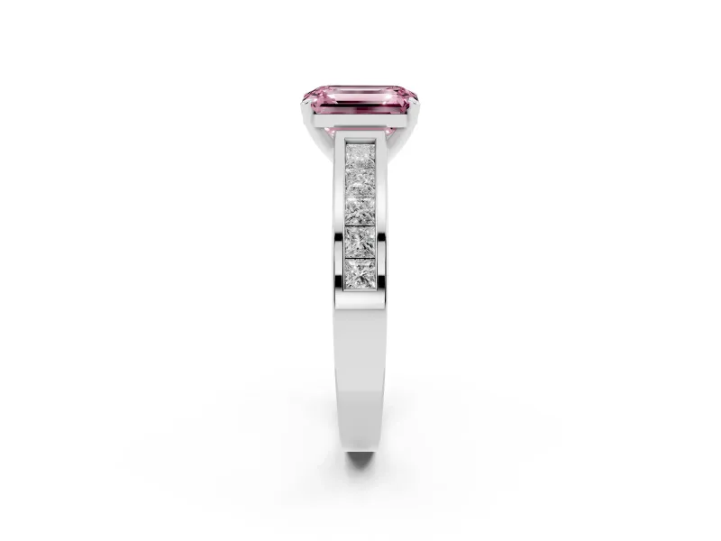Fancy Pink Emerald Cut Diamond Solitaire Ring Set in Platinum with Channel-Set Band and Prong Setting