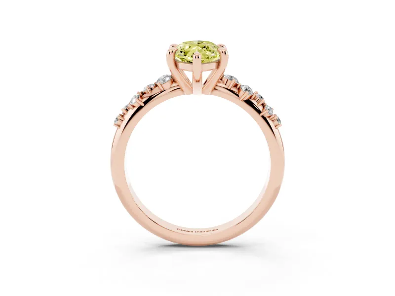 Fancy Yellow Marquise Cut Diamond Solitaire Vine Band Ring Set in Rose gold with Round Accents and Prong Setting