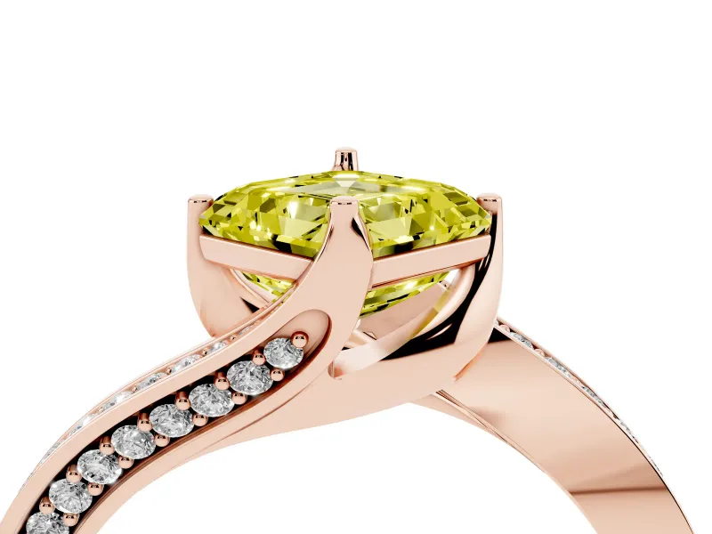 Asscher Cut Bypass Pavé Solitaire Engagement Ring Setting for a Fancy Yellow Lab-Grown Diamond | Angled Head | Rose Gold
