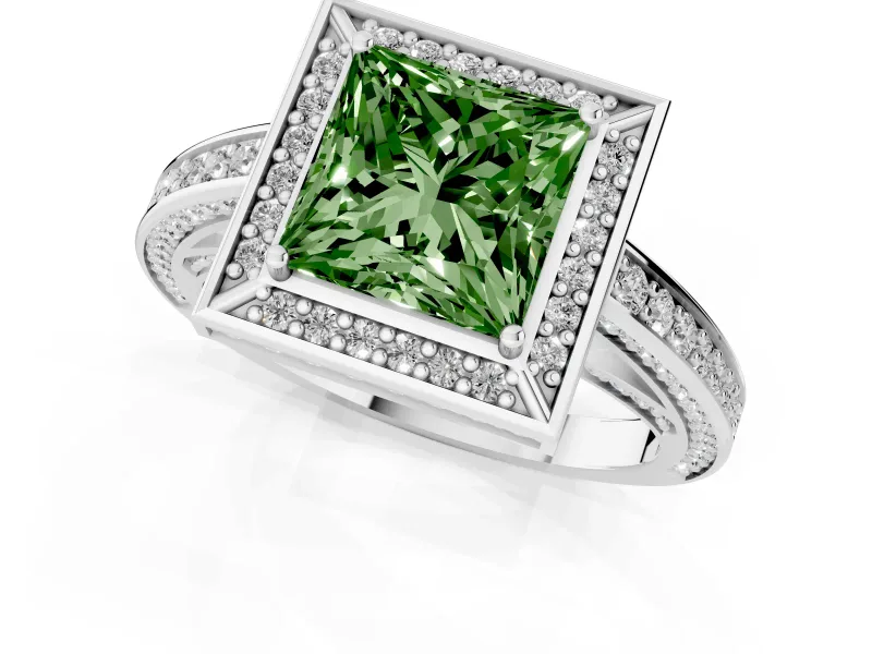 Fancy Green Princess Cut Diamond Halo Pavé Split Shank Ring Set in Silver with Prong Setting