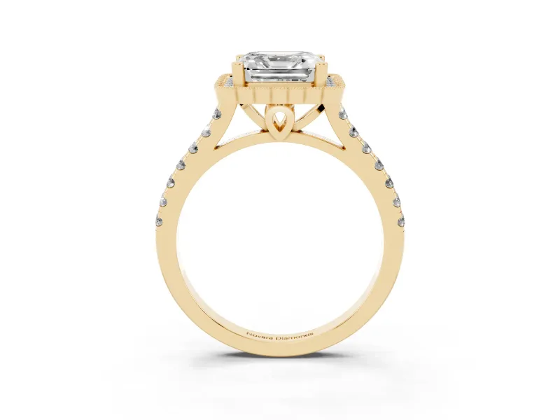 Asscher Cut Diamond Milgrain Floral Halo Engagement Ring Set in Yellow gold with Pavé Band