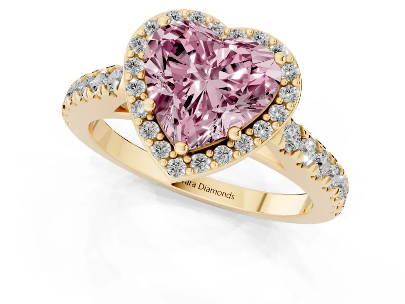 Fancy Pink Heart Cut Diamond Halo Engagement Ring Set in Yellow gold with Pavé Band and Prong Setting