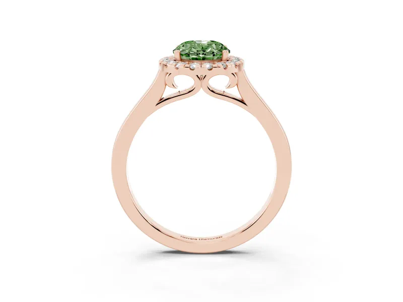 Fancy Green Oval Cut Halo Round Diamond Solitaire Ring Set in Rose gold with Pavé Band and Prong Setting