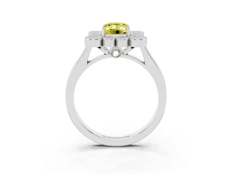 Emerald Cut Milgrain Cluster Halo Engagement Ring Setting for a Fancy Yellow Lab-Grown Diamond | Plain Band | White Gold