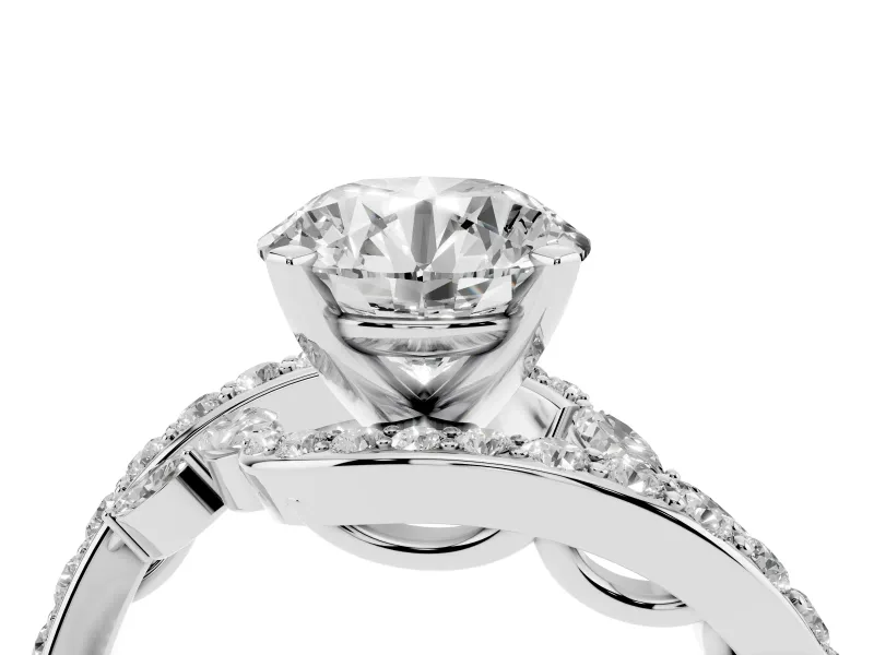 Round Cut Diamond Solitaire Ring Set in Platinum with Pavé Twist Band and Secure Prong Setting