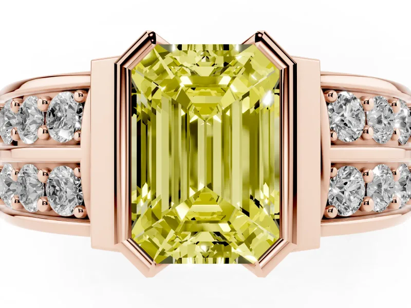 Emerald Cut Half Bezel Engagement Ring Setting for a Fancy Yellow Lab-Grown Diamond | Channel Band | Rose Gold