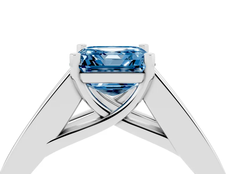 Fancy Blue Asscher Cut Diamond Solitaire Ring Set in Silver with Channel-Set Accent Stones and Prong Setting