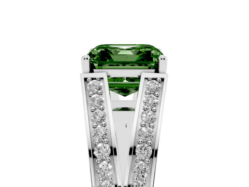 Fancy Green Asscher Cut Diamond Split Shank Ring Set in Silver with Pavé Band and Prong Setting