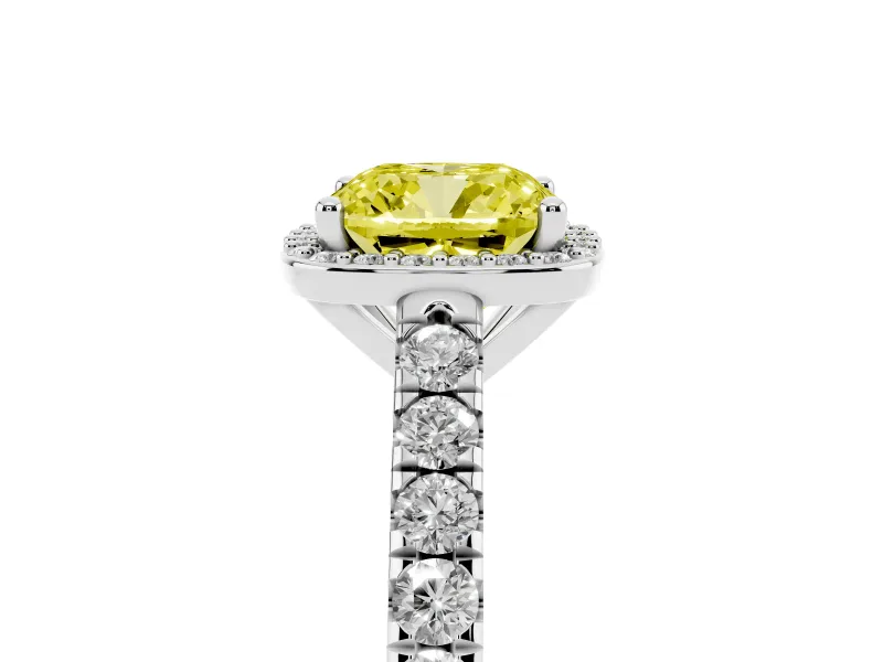 Fancy Yellow Cushion Cut Diamond Halo Engagement Ring Set in Silver with Pavé Band and Prong Setting