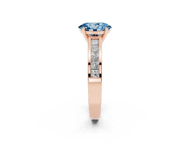 Fancy Blue Oval Cut Diamond Solitaire Ring Set in Rose gold with Channel-Set Band and Prong Setting