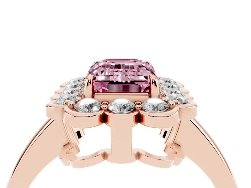Emerald Cut Scalloped Cluster Halo Engagement Ring Setting for a Fancy Pink Lab-Grown Diamond | Plain Band | Rose Gold
