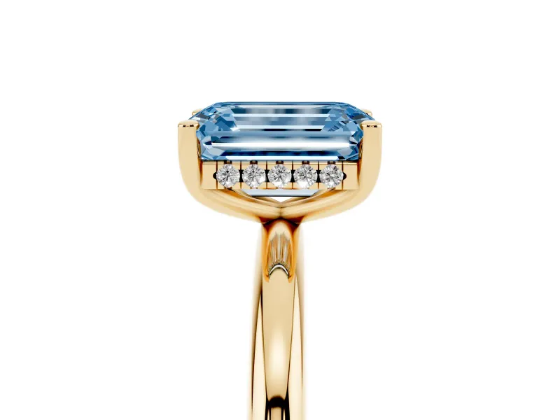 Emerald Cut Hidden Halo Engagement Ring Setting for a Fancy Blue Lab-Grown Diamond | Plain Band | Yellow Gold