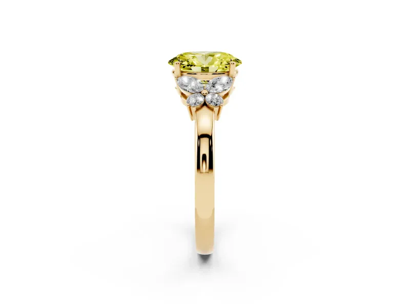 Fancy Yellow Oval Cut Diamond Solitaire Floral Ring Set in Yellow gold with Marquise Petals and Prong Setting