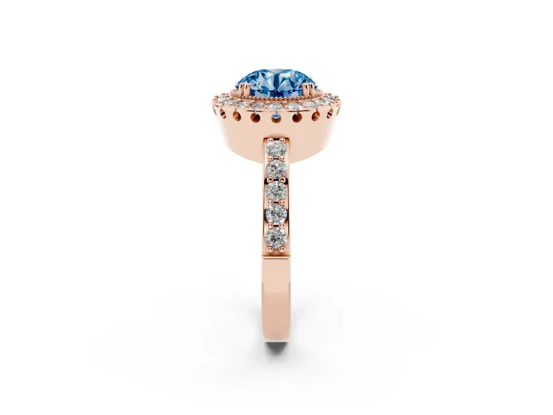 Round Vintage Milgrain Halo Engagement Ring Setting for a Fancy Blue Lab-Grown Diamond | Pierced Gallery | Rose Gold