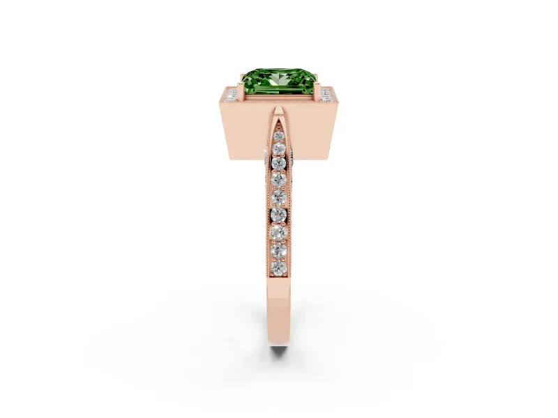 Princess Cut Milgrain Halo Engagement Ring Setting for a Fancy Green Lab-Grown Diamond | Side Stones | Rose Gold