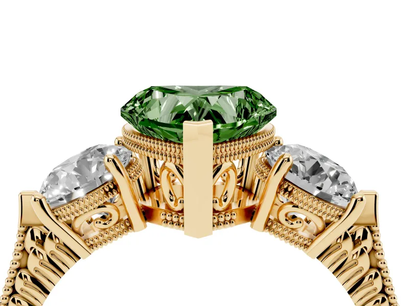 Fancy Green Heart Cut Diamond Three-Stone Ring Set in Yellow gold with Milgrain Band