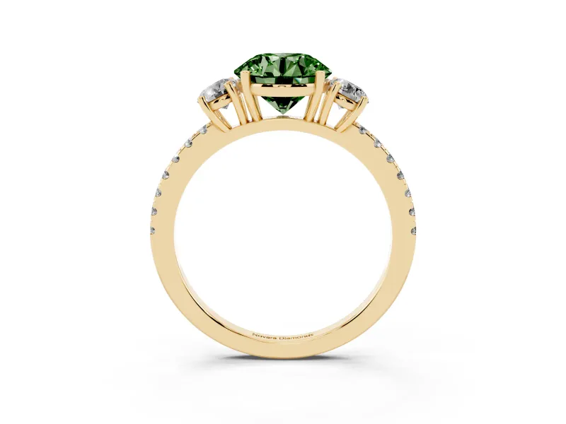 Fancy Green Round Cut Diamond Three-Stone Ring Set in Yellow gold with Pavé Band and Graduated Sides