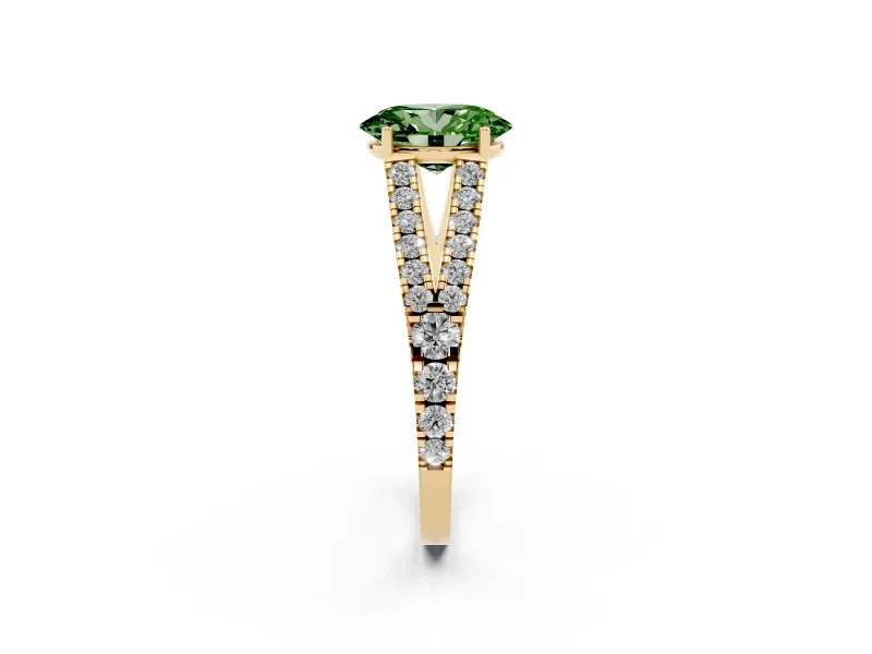 Oval Graduated Split Shank Engagement Ring Setting for a Fancy Green Lab-Grown Diamond | Yellow Gold