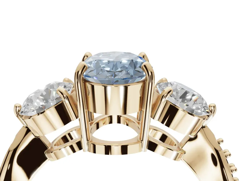 Oval Three Stone Engagement Ring Setting for a Fancy Blue Lab-Grown Diamond | Tapered Pave Band | Yellow Gold