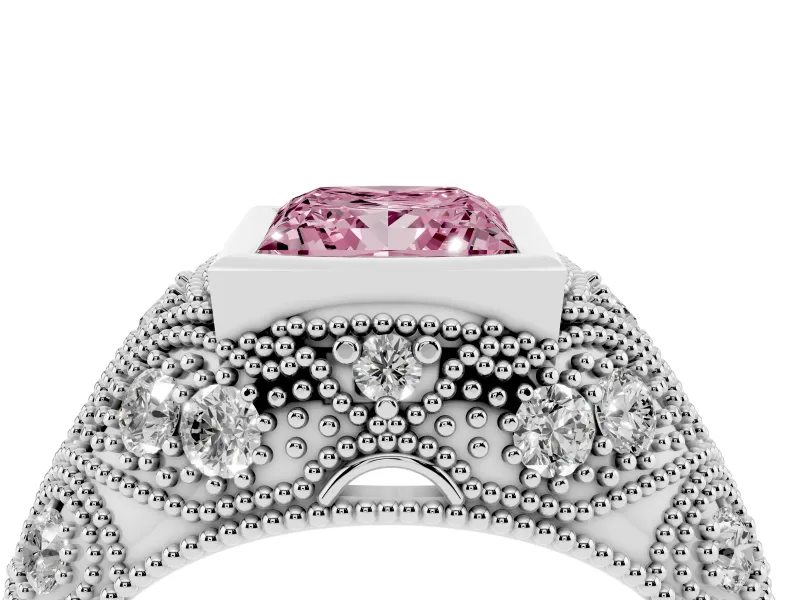 Fancy Pink Princess Cut Diamond Bezel Ring Set in Platinum with Milgrain Accent Band