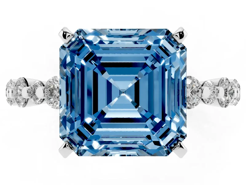 Fancy Blue Asscher Cut Diamond Prong Set Engagement Ring Set in White gold with Round Accent Pavé Band