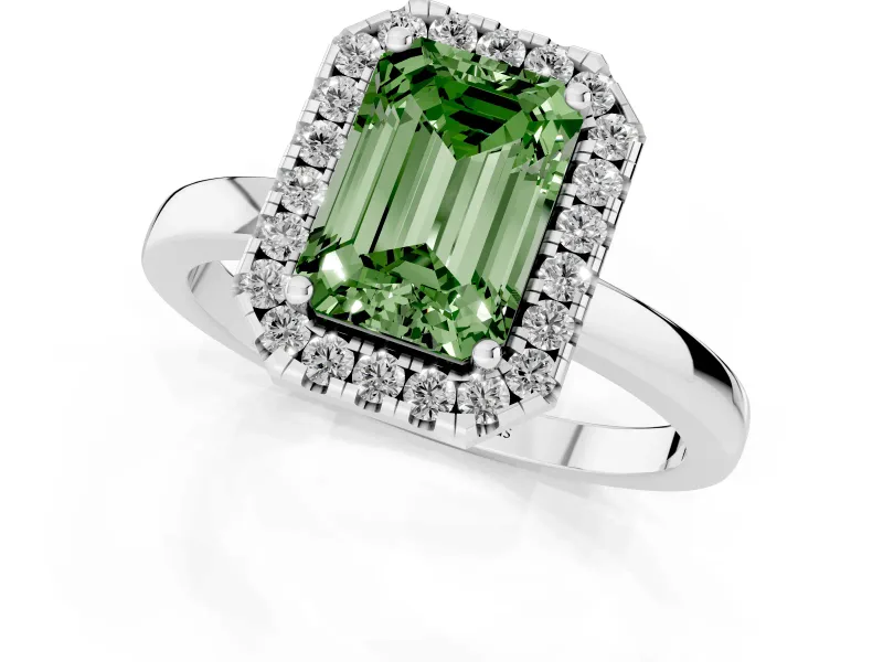 Fancy Green Emerald Cut Diamond Halo Solitaire Ring Set in Platinum with Pavé Band and Prong Setting