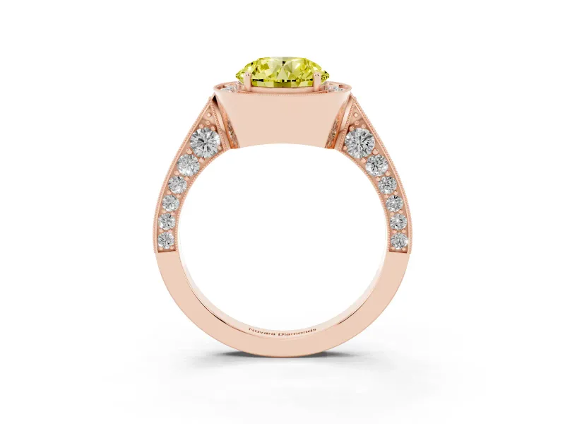 Round Milgrain Halo Engagement Ring Setting for a Fancy Yellow Lab-Grown Diamond | Side Stones | Rose Gold
