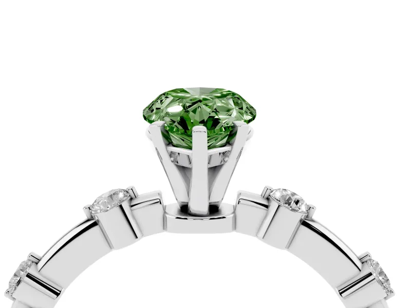 Fancy Green Pear Cut Diamond Solitaire Ring Set in White gold with Bezel Set Side Stones and Prong Setting