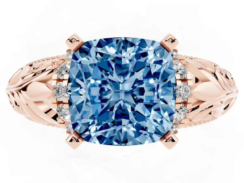 Fancy Blue Cushion Cut Diamond Filigree Halo Engagement Ring Set in Rose gold with Prong Setting
