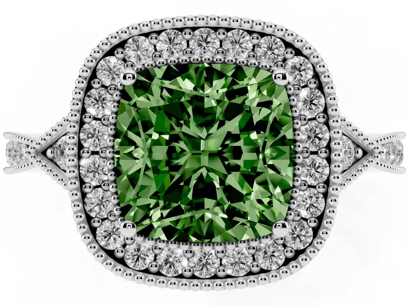 Fancy Green Cushion Cut Diamond Halo Engagement Ring Set in Silver with Milgrain Pavé Band