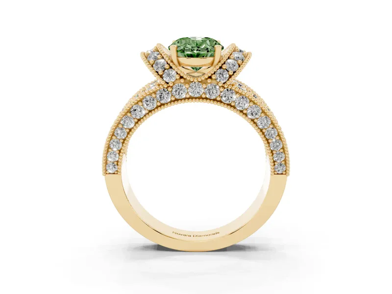 Oval Vintage Pave Engagement Ring Setting for a Fancy Green Lab-Grown Diamond | Milgrain Edges | Yellow Gold