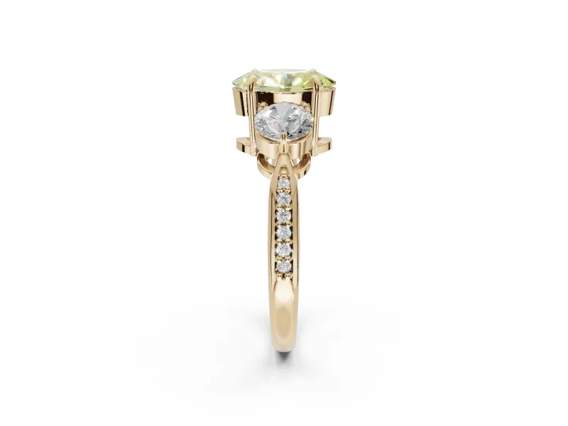 Oval Three Stone Engagement Ring Setting for a Fancy Yellow Lab-Grown Diamond | Tapered Pave Band | Yellow Gold