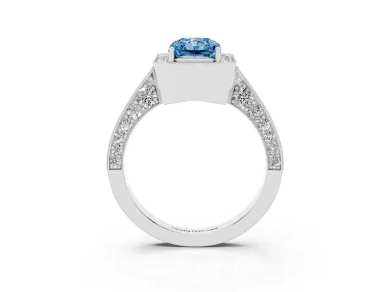 Radiant Cut Milgrain Halo Engagement Ring Setting for a Fancy Blue Lab-Grown Diamond | Side Stones | Platinum
