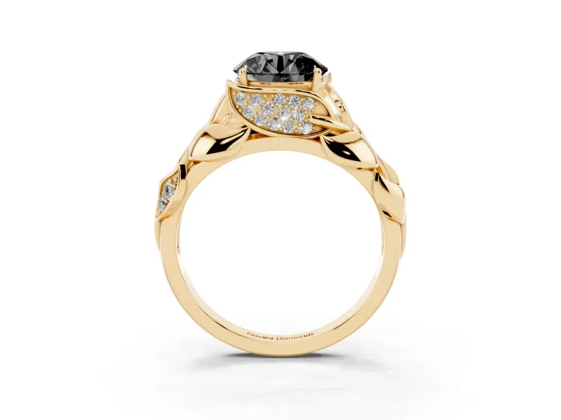Fancy Black Round Cut Diamond Leaf-Inspired Engagement Ring Set in Yellow gold with Round Accents