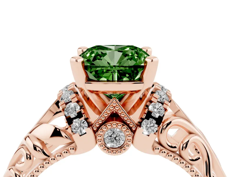 Cushion Cut Filigree Engagement Ring Setting for a Fancy Green Lab-Grown Diamond | Rose Gold