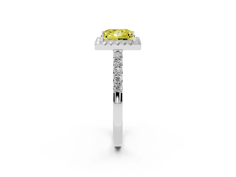 Fancy Yellow Princess Cut Diamond Halo Pavé Solitaire Ring Set in White gold with Prong-Set Center Stone