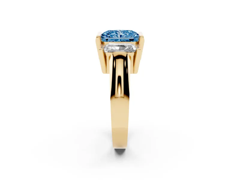Radiant Cut Channel-Set Three Stone Engagement Ring Setting for a Fancy Blue Lab-Grown Diamond | Yellow Gold