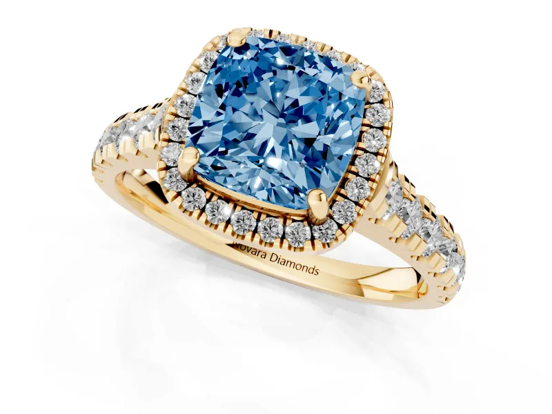 Cushion Cut Accented Halo Engagement Ring Setting for a Fancy Blue Lab-Grown Diamond | Yellow Gold