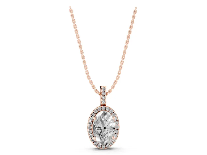 Oval Lab-Grown Diamond Halo Pendant Necklace | Rose Gold