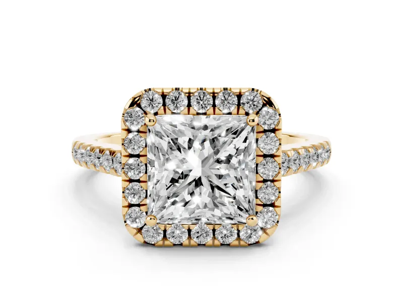 Princess Cut Diamond Pavé Halo Engagement Ring Set in Yellow gold with Pavé Band and Prong Setting