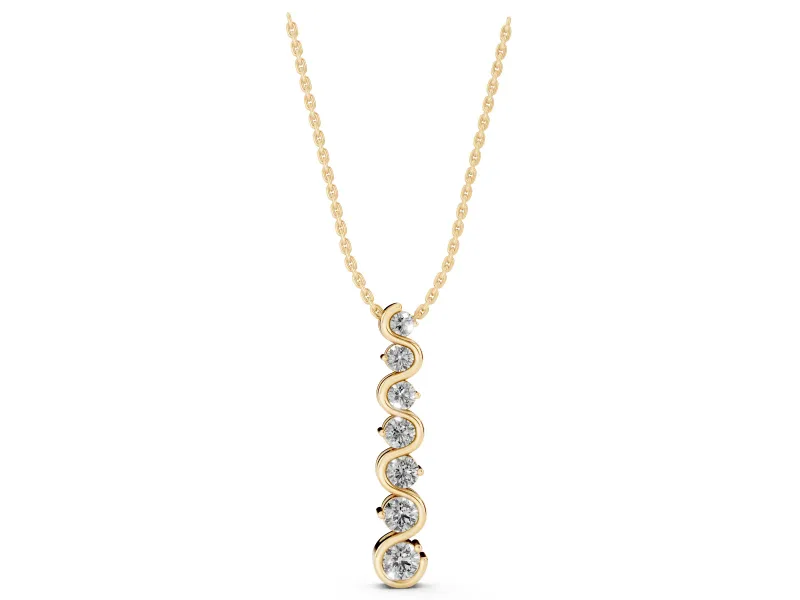 Round Lab-Grown Diamond Graduated Wave Wire Pendant Necklace | Prong Set | Yellow Gold